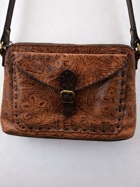 Patricia Nash Tooled Leather Crossbody Bag Floral Embossed Brown Boho